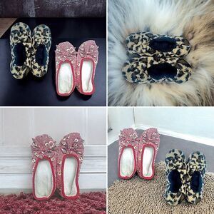 2 pair Snoozies Slippers l Animal print, Gingham l Bow Accents l Large l EUC